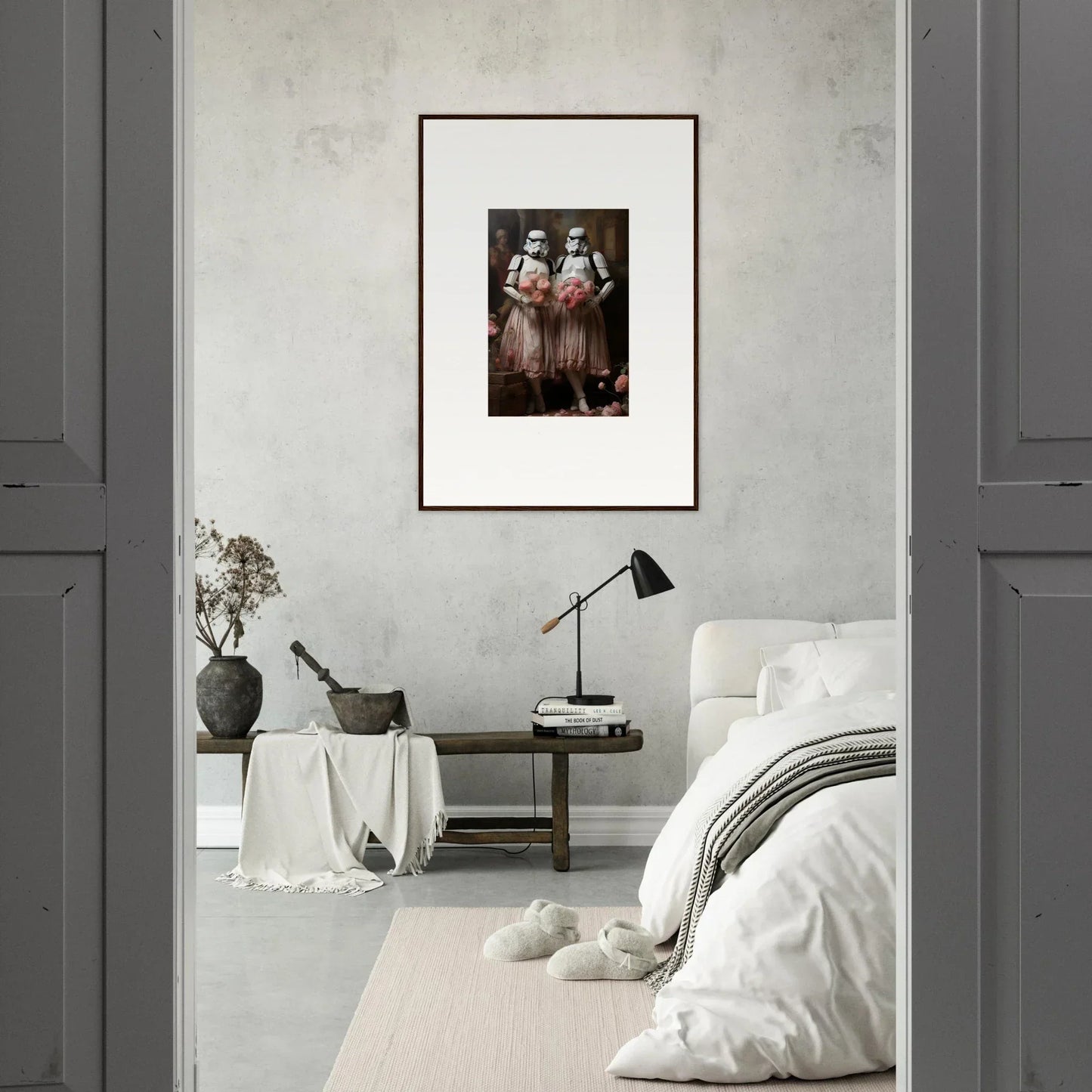 Framed wall art featuring three figures in pink tutus, perfect for room decor amidst echoes