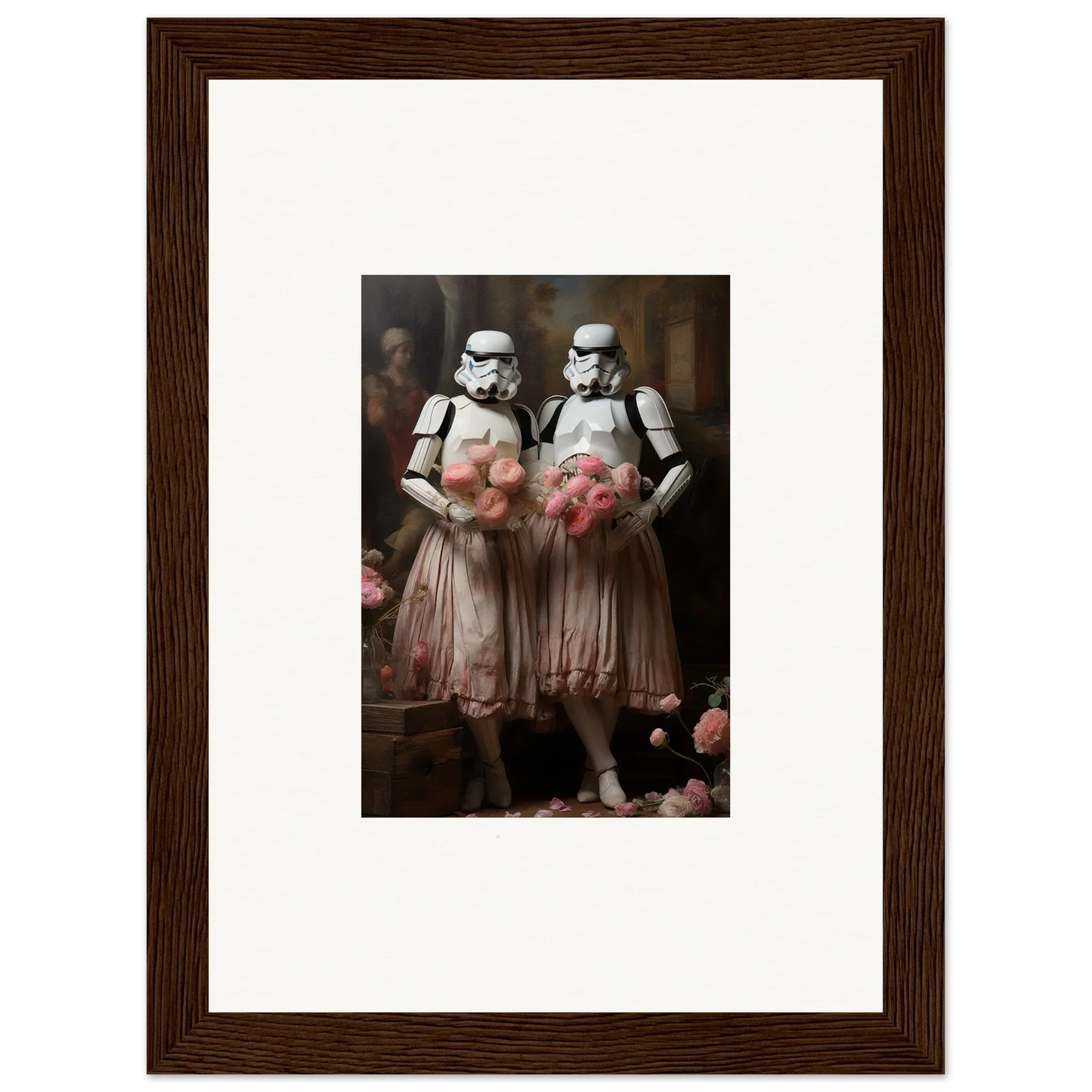 Framed wall art of Stormtroopers in pink tutus for unique room decor amidst echoes