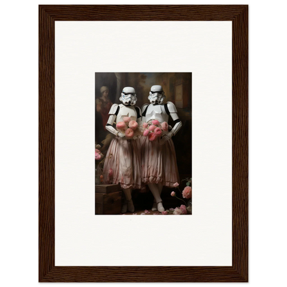 Framed wall art of Stormtroopers in pink tutus for unique room decor amidst echoes