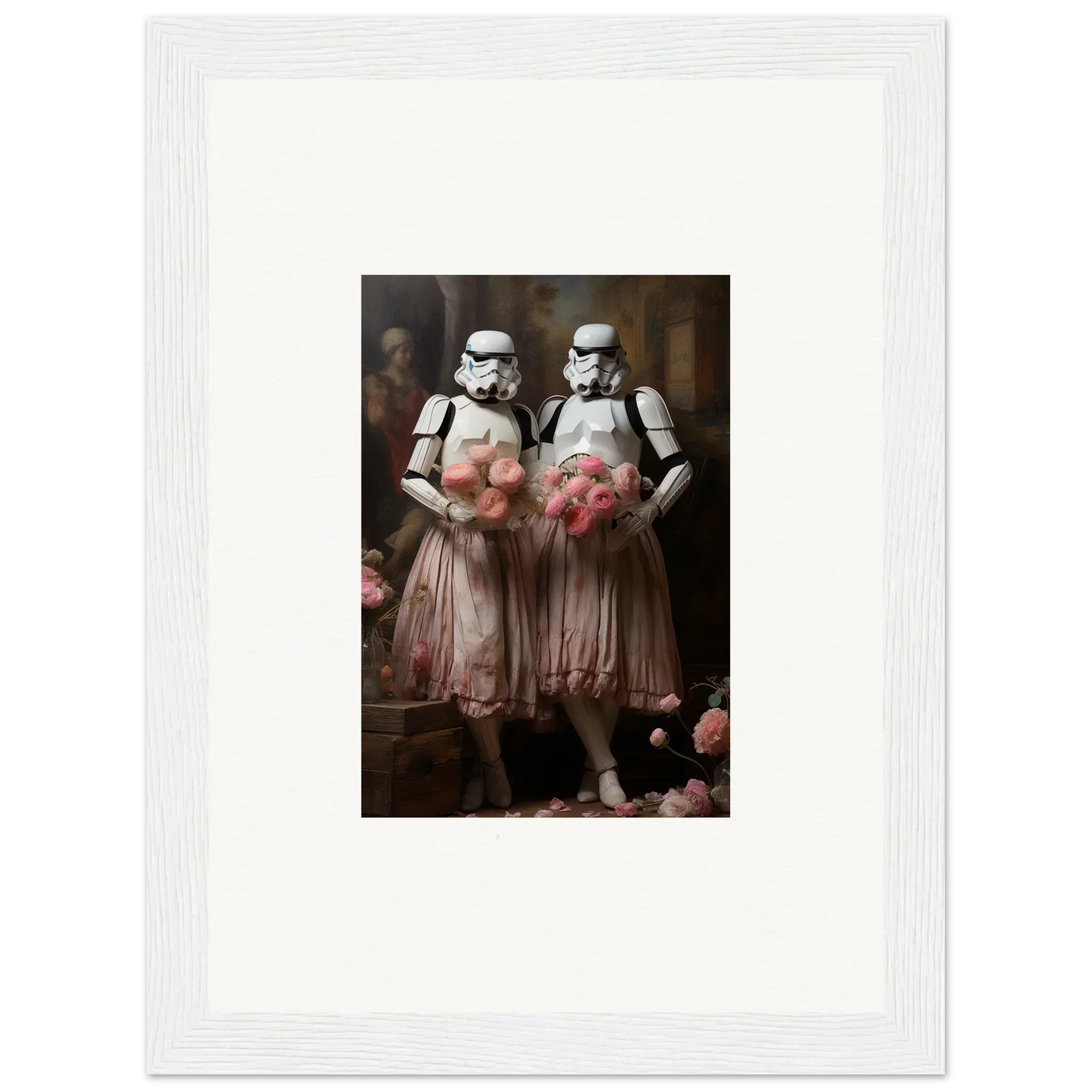 Two Stormtroopers in pink tutus with flowers, perfect for room decor amidst echoes