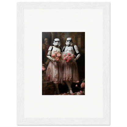 Two Stormtroopers in pink tutus with flowers, perfect for room decor amidst echoes