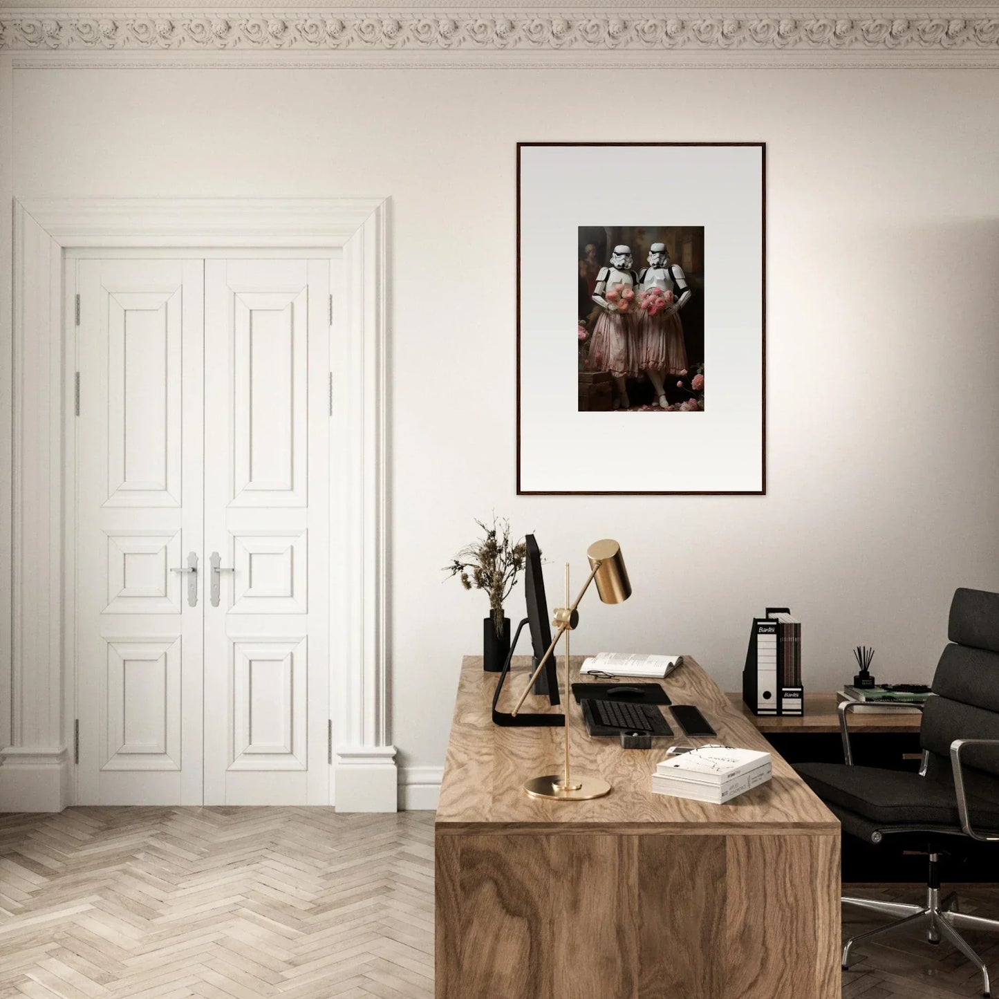 Elegant home office with vintage typewriter and framed wall art amidst echoes