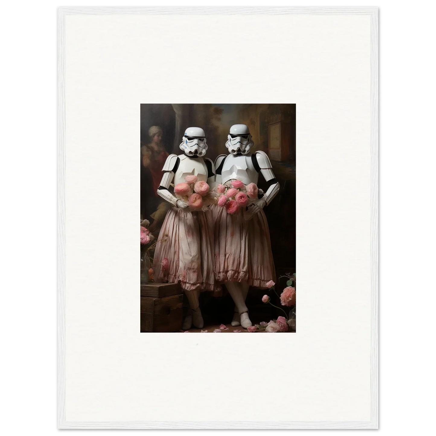 Two Stormtroopers in pink tutus with flowers, unique room decor amidst echoes