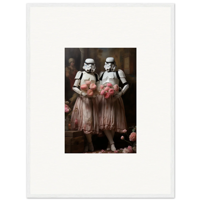 Two Stormtroopers in pink tutus with flowers, unique room decor amidst echoes