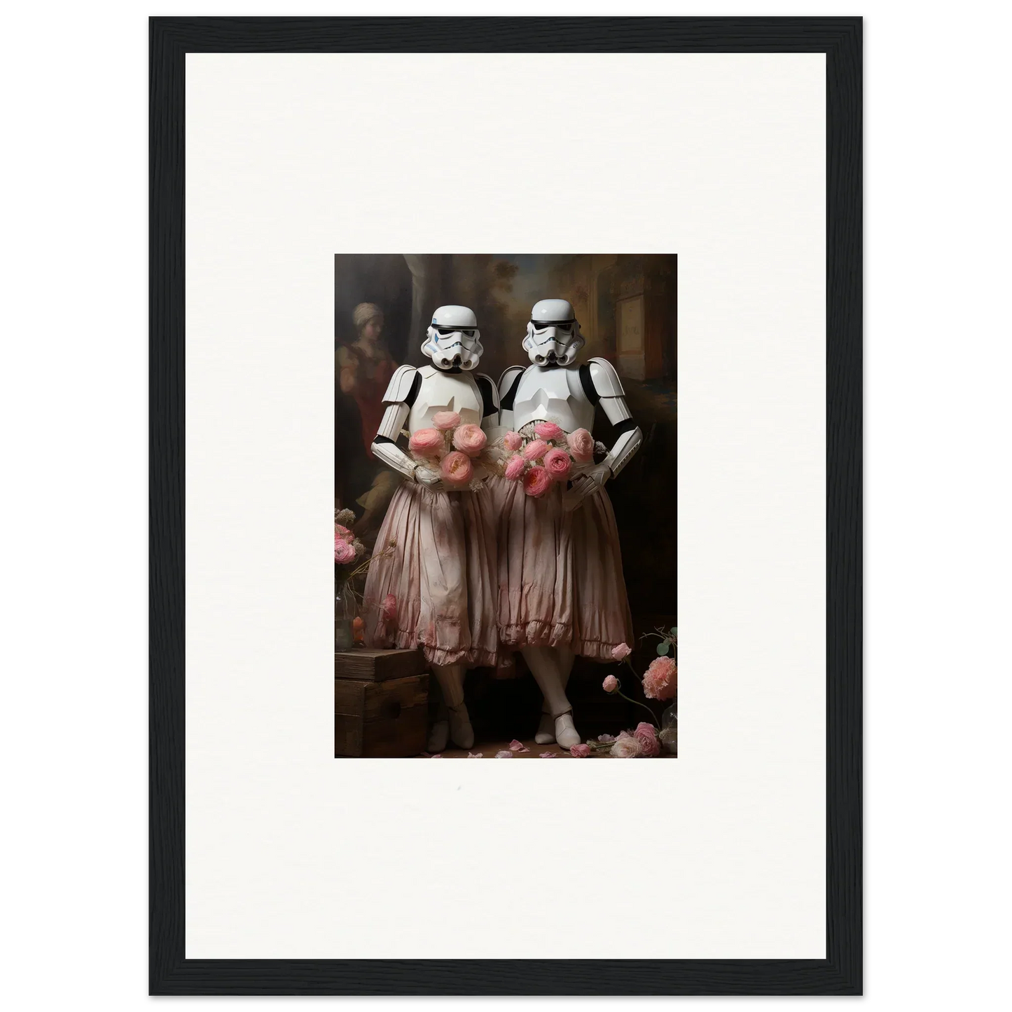 Framed wall art of Stormtroopers in pink tutus amidst echoes for unique room decor