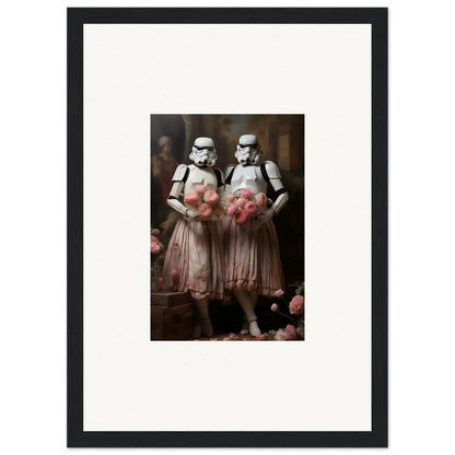 Framed wall art of Stormtroopers in pink tutus amidst echoes for unique room decor