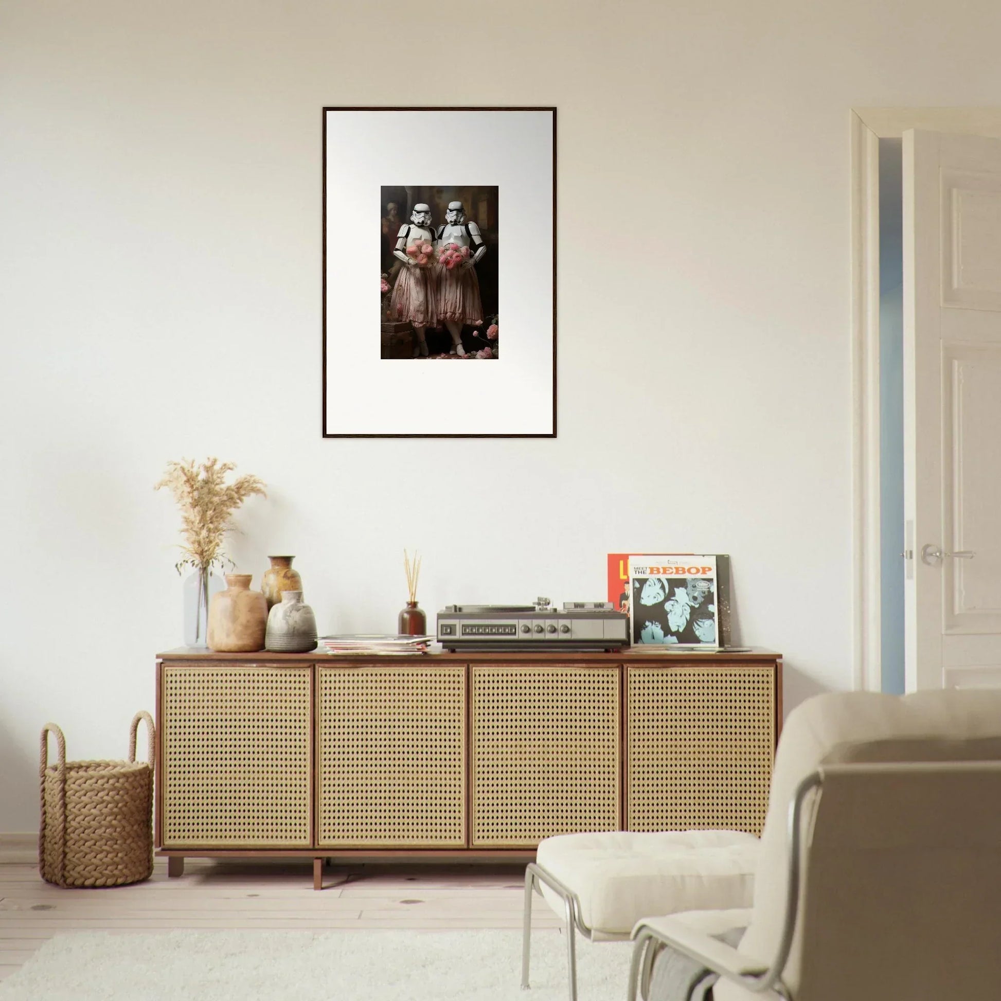 Wooden sideboard with cane-webbed doors enhancing room decor amidst echoes