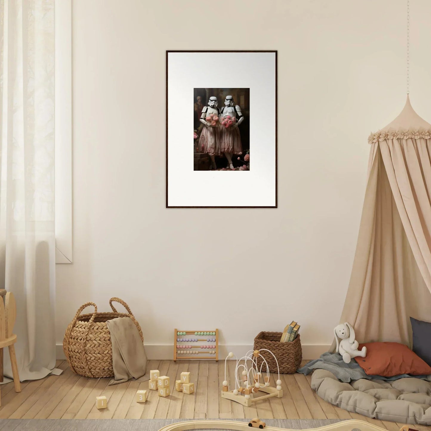 Framed wall art of three figures in white dresses with red accents amidst echoes