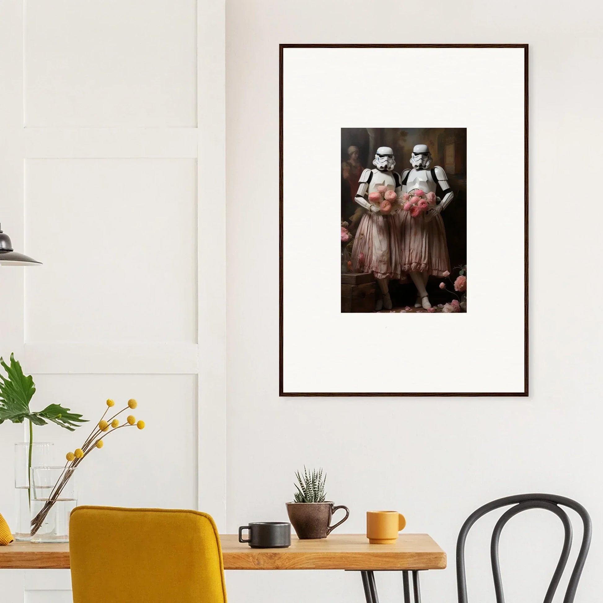 Framed wall art of Stormtroopers in pink tutus, perfect for unique room decor amidst echoes