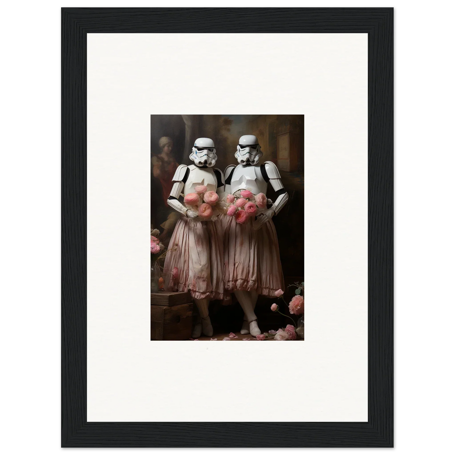 Framed wall art of Stormtroopers in pink tutus, perfect room decor amidst echoes