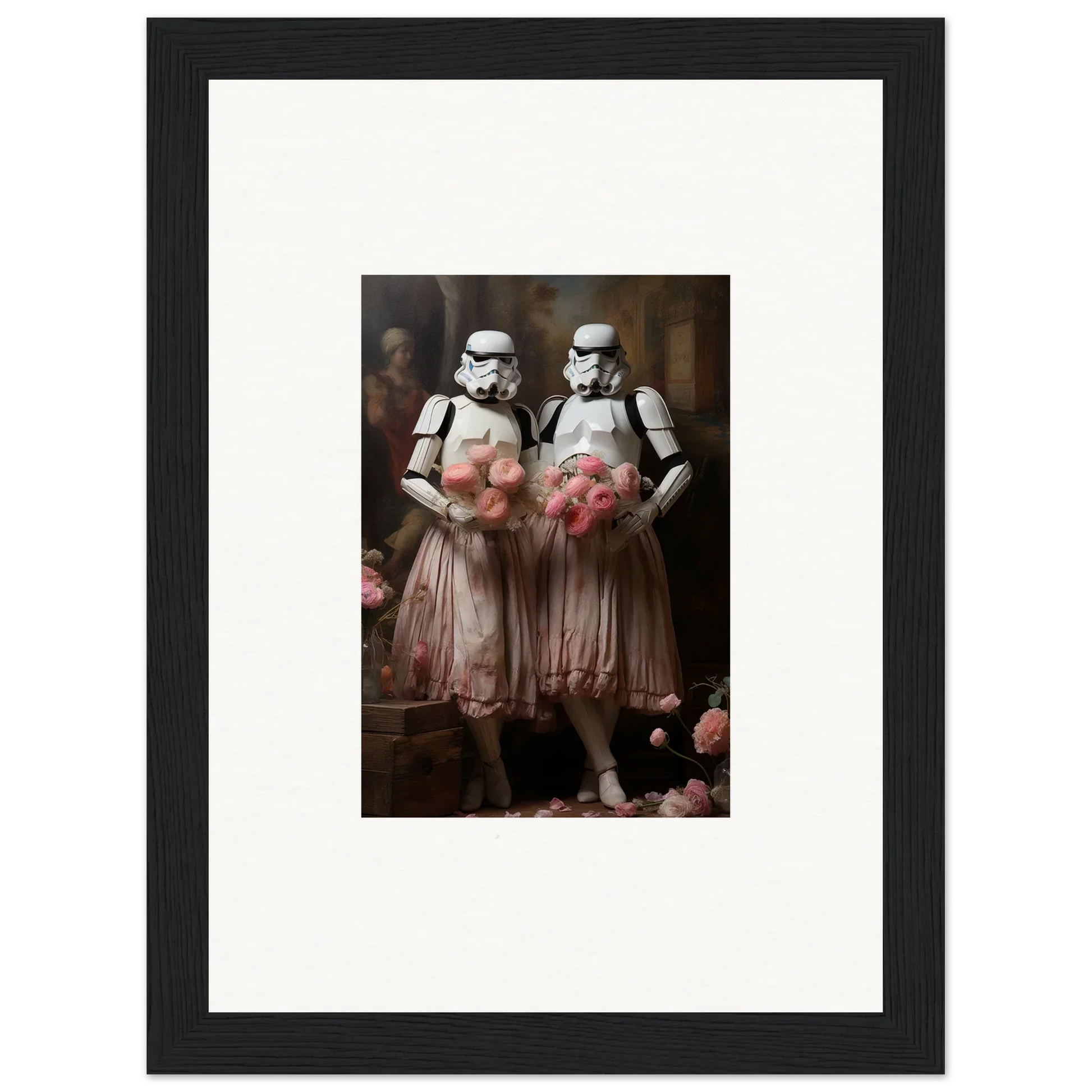 Framed wall art of Stormtroopers in pink tutus, perfect room decor amidst echoes