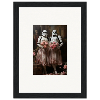 Framed wall art of Stormtroopers in pink tutus, perfect room decor amidst echoes