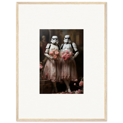 Framed wall art of Stormtroopers in pink tutus, perfect room decor amidst echoes