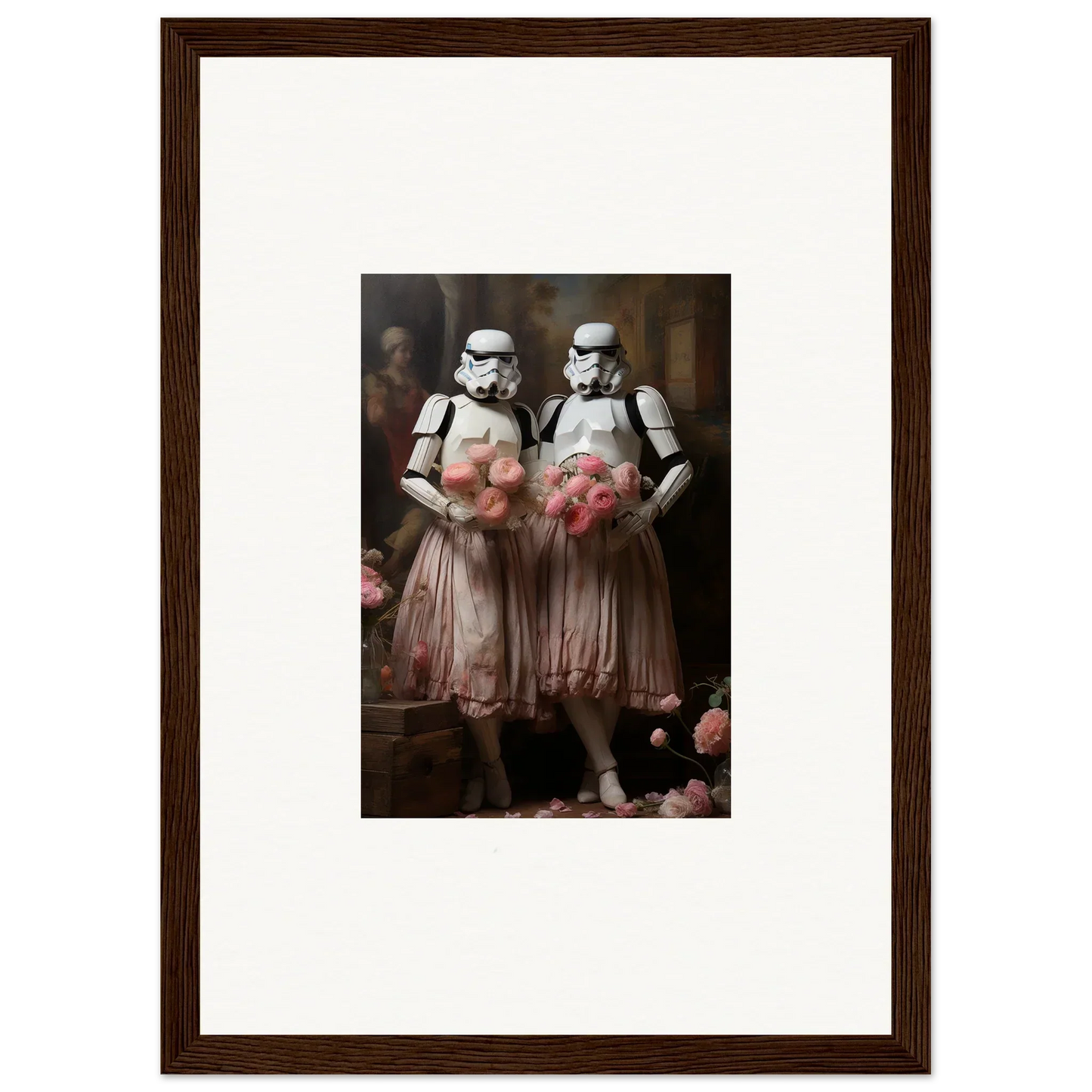 Framed wall art of Stormtroopers in pink tutus, perfect for unique room decor amidst echoes