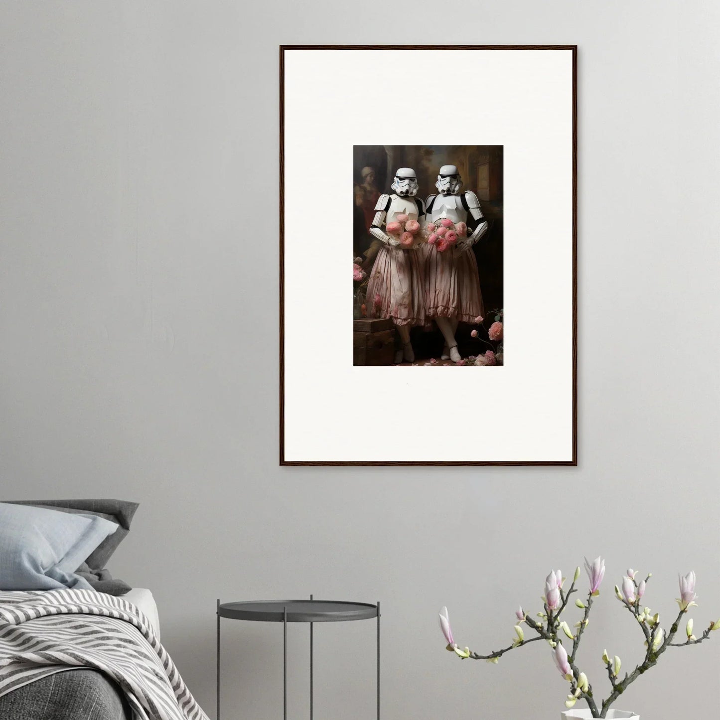 Framed vintage photograph of matching figures for elegant room decor amidst echoes