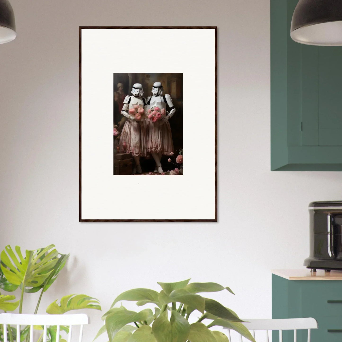 Framed wall art of Stormtroopers in pink tutus for unique room decor amidst echoes