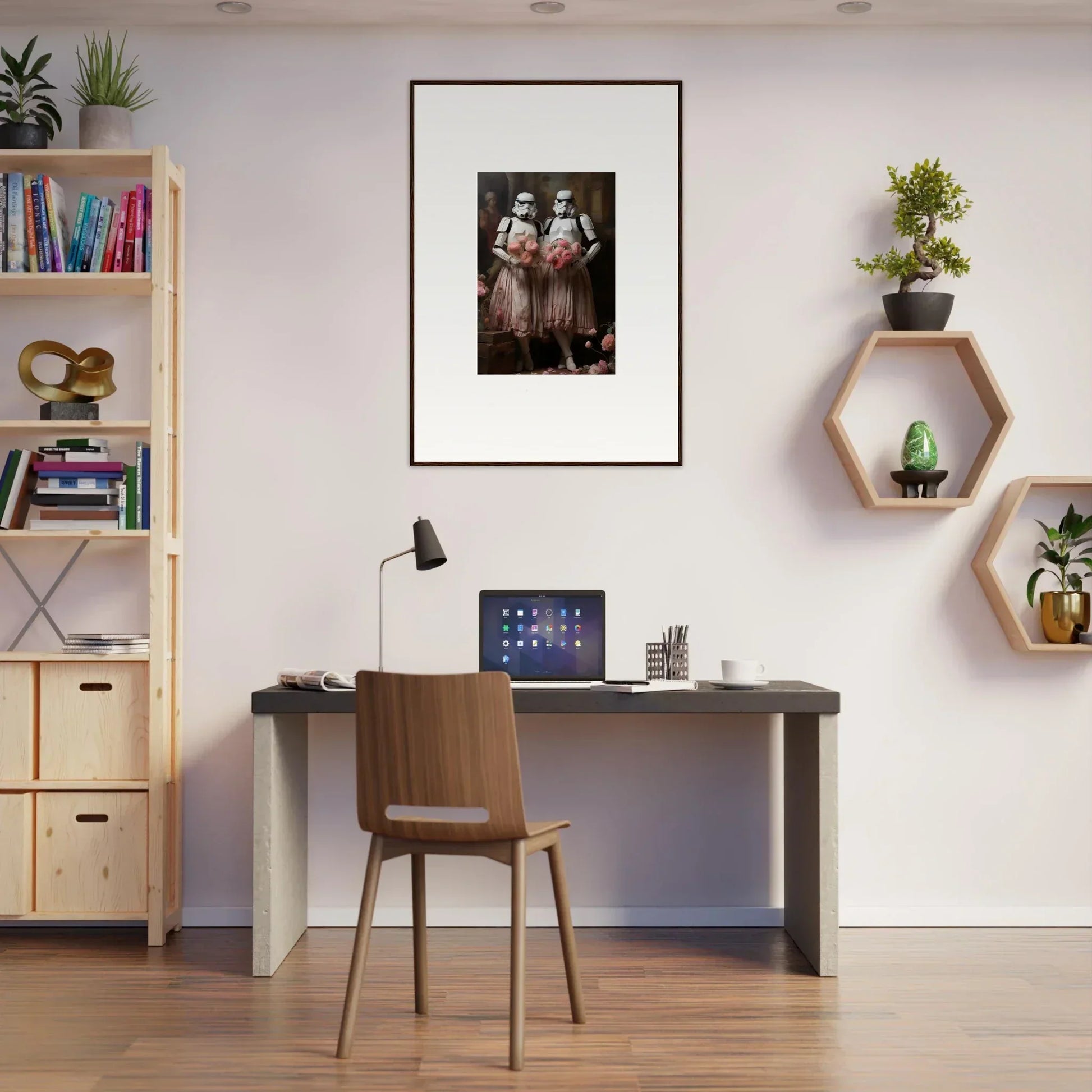 Home office workspace with desk and chair, featuring framed wall art amidst echoes