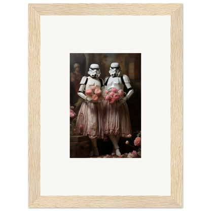 Framed wall art of Stormtroopers in pink tutus, perfect for unique room decor amidst echoes