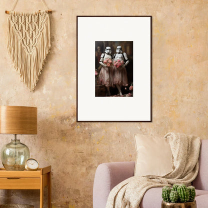 Framed black and white photograph of figures holding flowers for elegant room decor amidst echoes