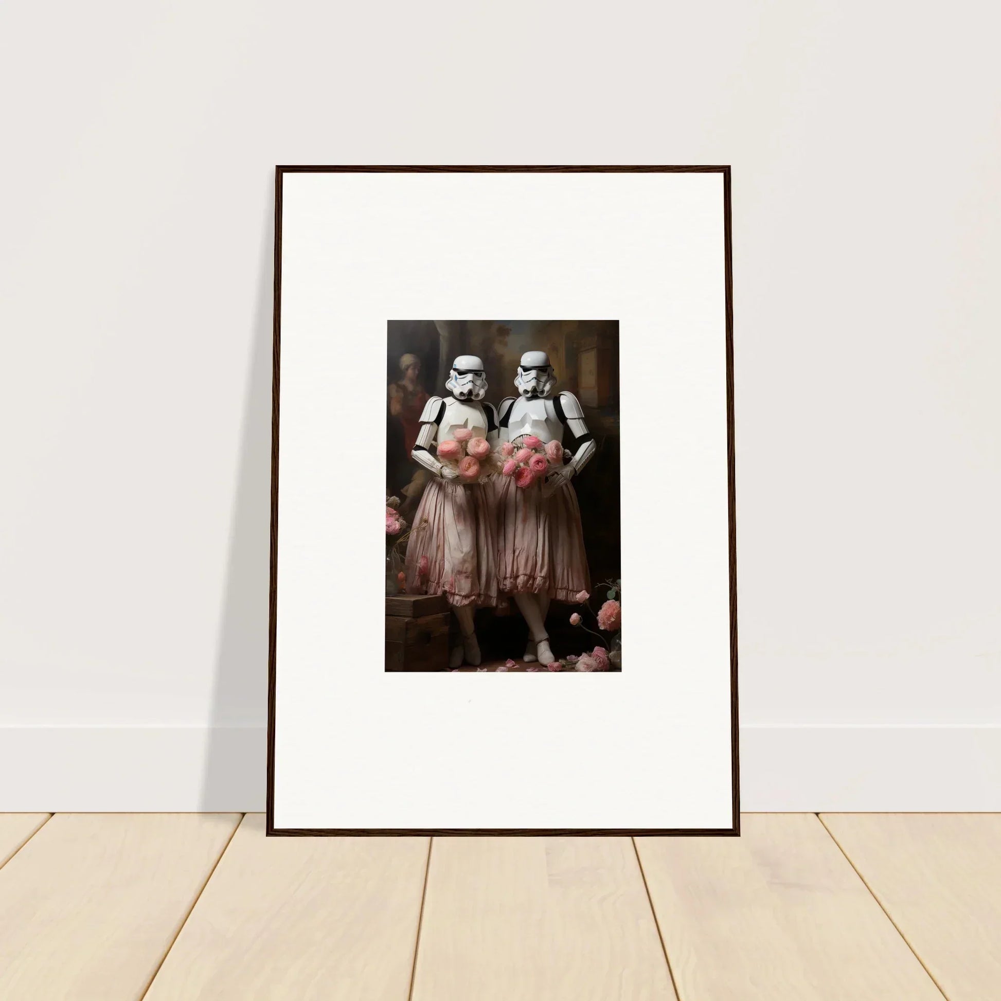 Framed wall art of Stormtroopers in tutus with cotton candy for unique room decor amidst echoes