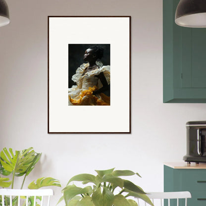 Framed wall art of a person in white and yellow, perfect for elegant room decor