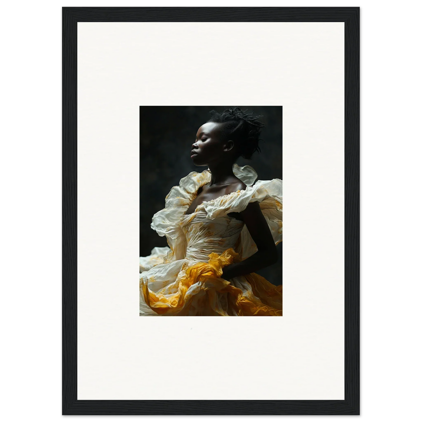 Portrait of a person in a white and yellow ruffled garment for Elegance Eclipsed Fluttering