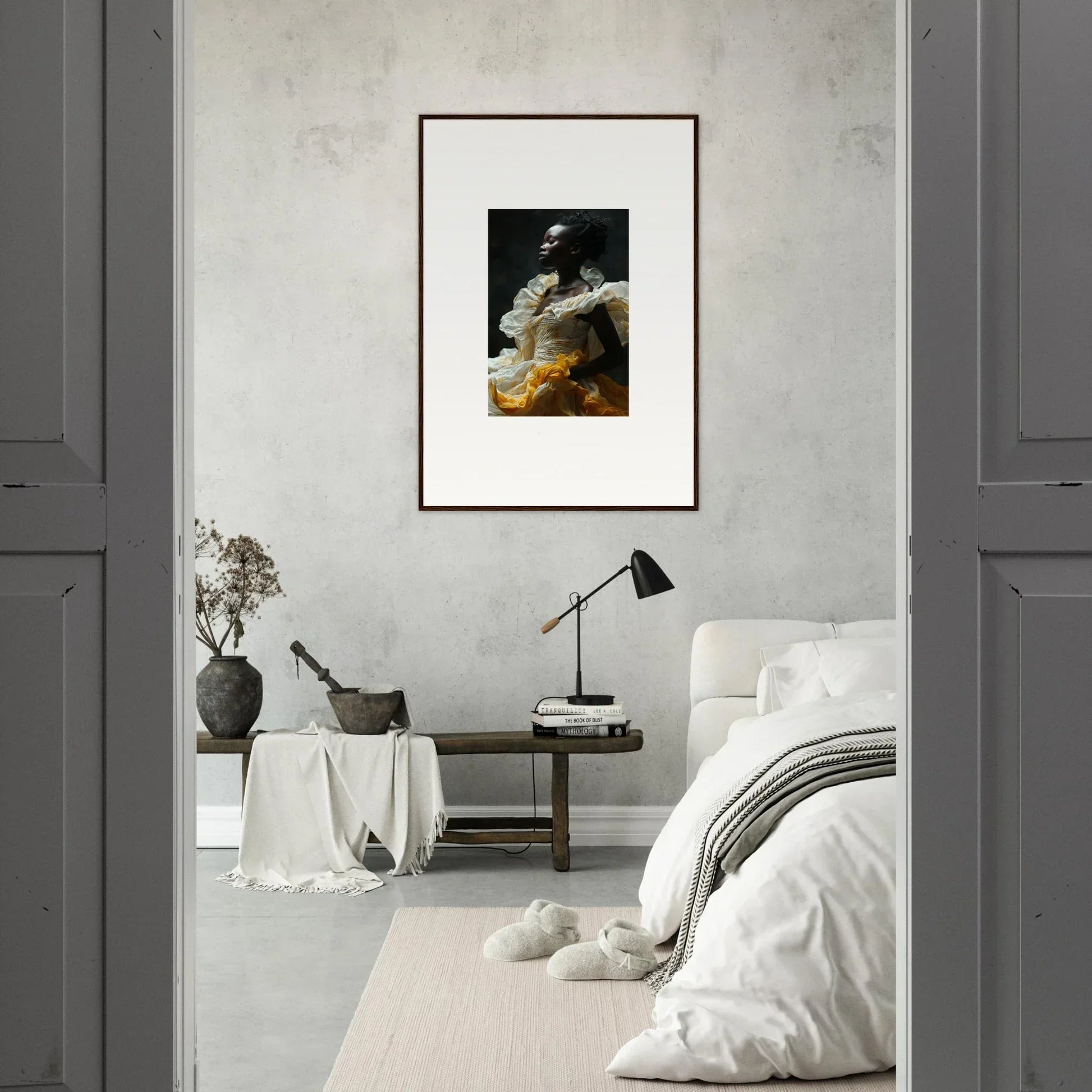 Framed black and white photograph of a person with a guitar for elegant room decor