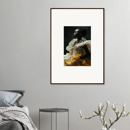 Framed wall art of eclipsed fluttering figure in dark and light fabric tones for room decor