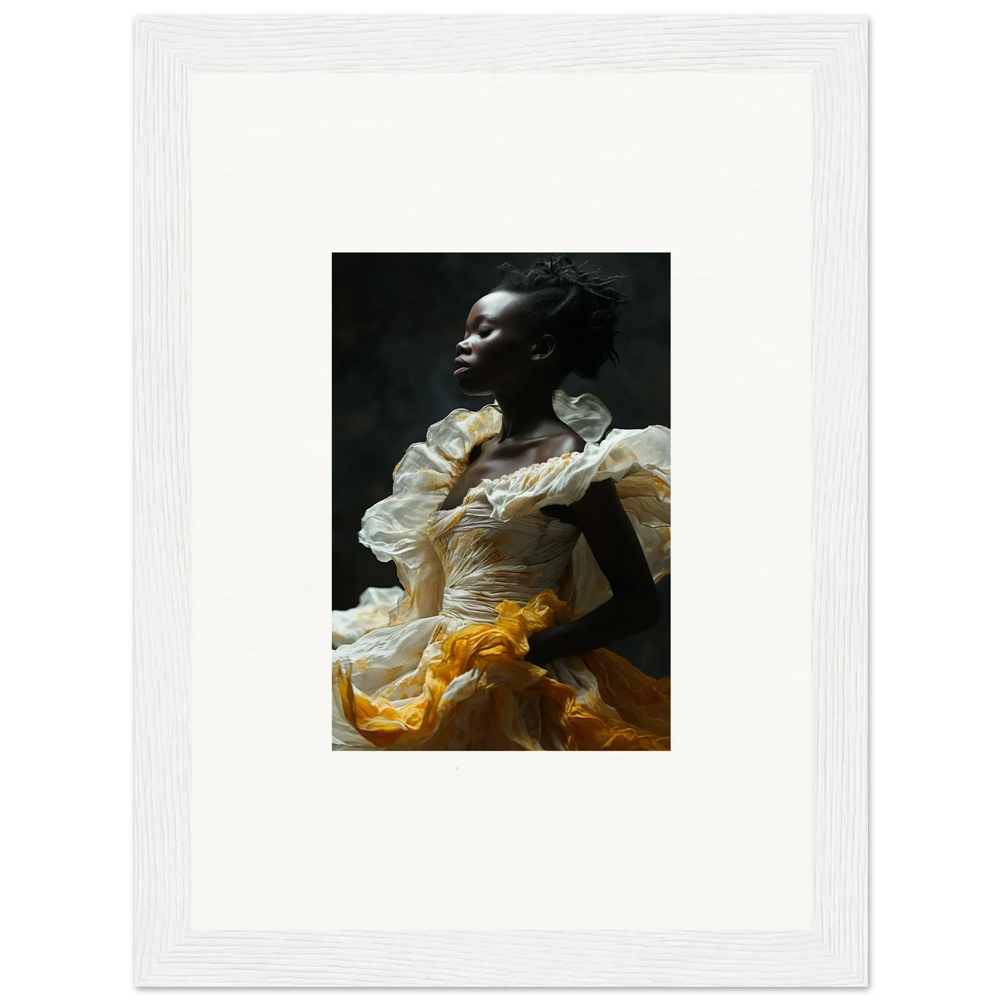 Framed wall art of a person in a white and yellow ruffled dress, Eclipsed Fluttering design