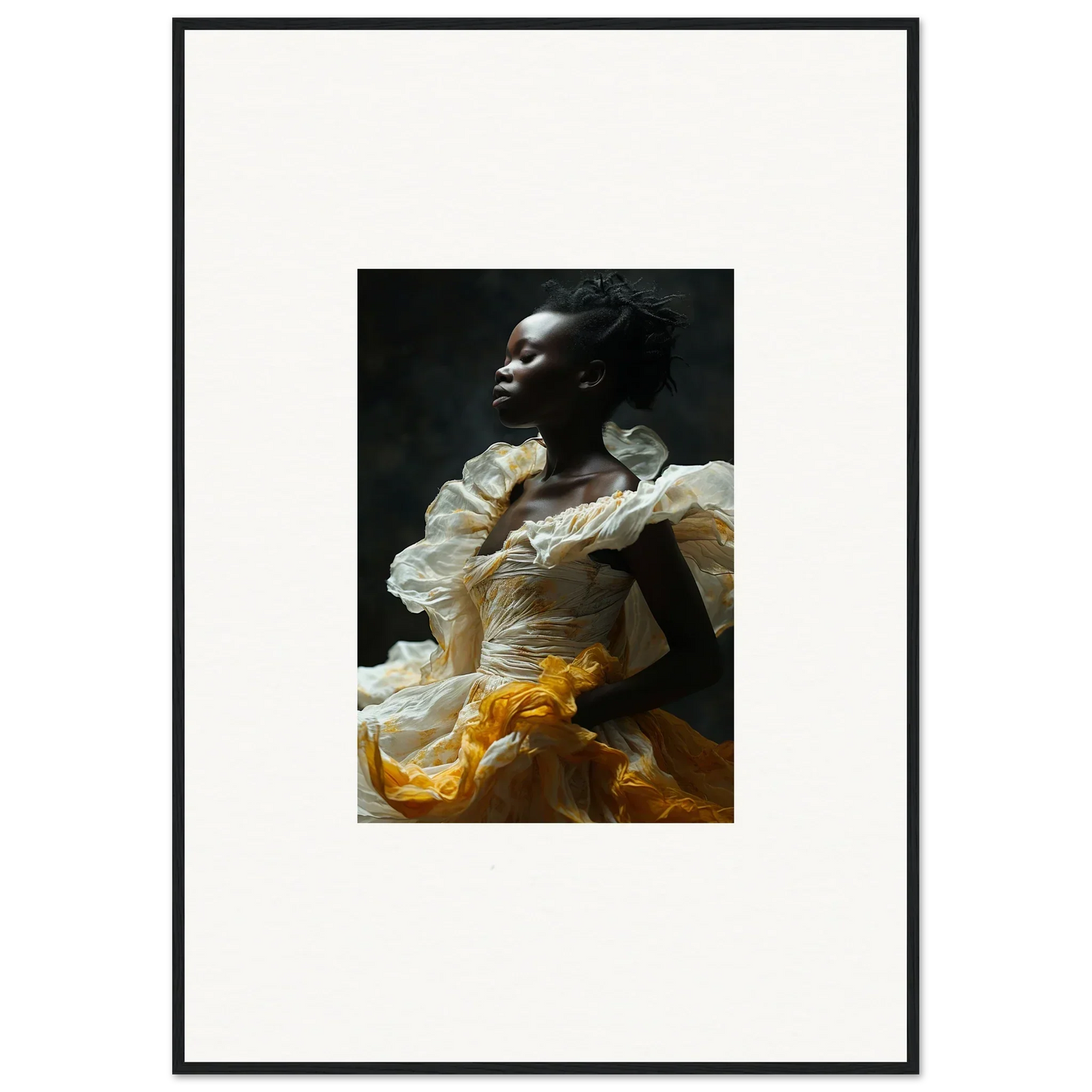 Portrait of a person in white and yellow garment, perfect for Eclipsed Fluttering room decor