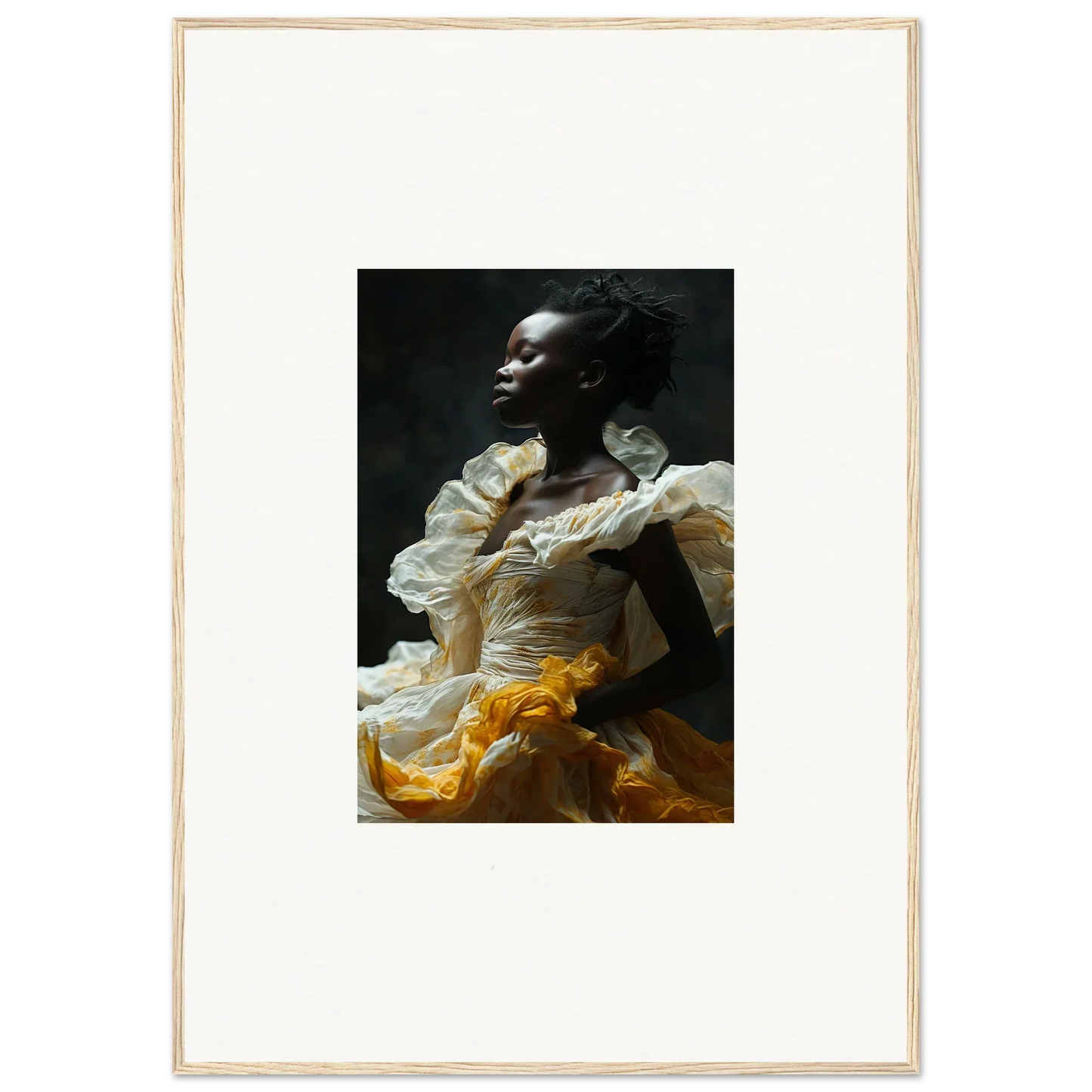 Portrait of a person in white top and yellow skirt for Eclipsed Fluttering wall art