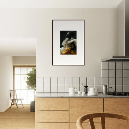 Modern kitchen with wooden cabinets, tiled backsplash, and framed wall art elegance