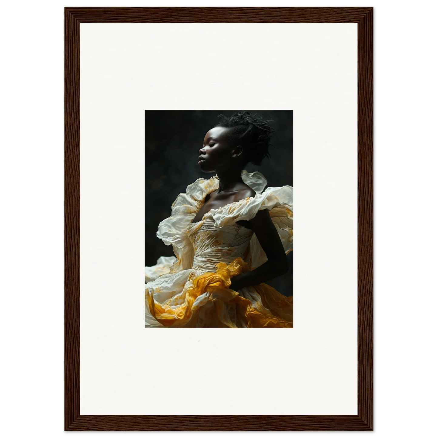 Portrait of a person in a white and yellow ruffled garment for Eclipsed Fluttering room decor