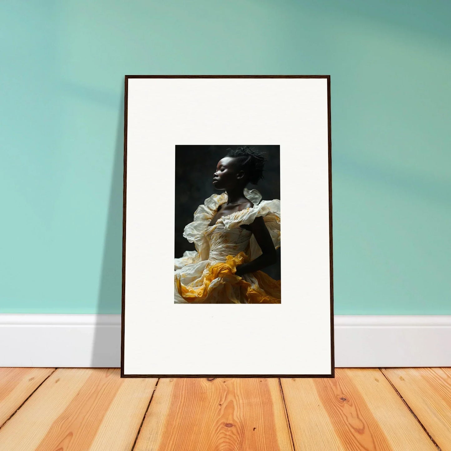 Framed wall art of a person in yellow, perfect for elegant room decor, Eclipsed Fluttering