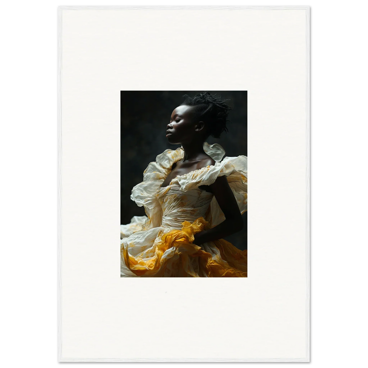 Dramatic portrait in white and yellow ruffled garment, perfect for framed wall art