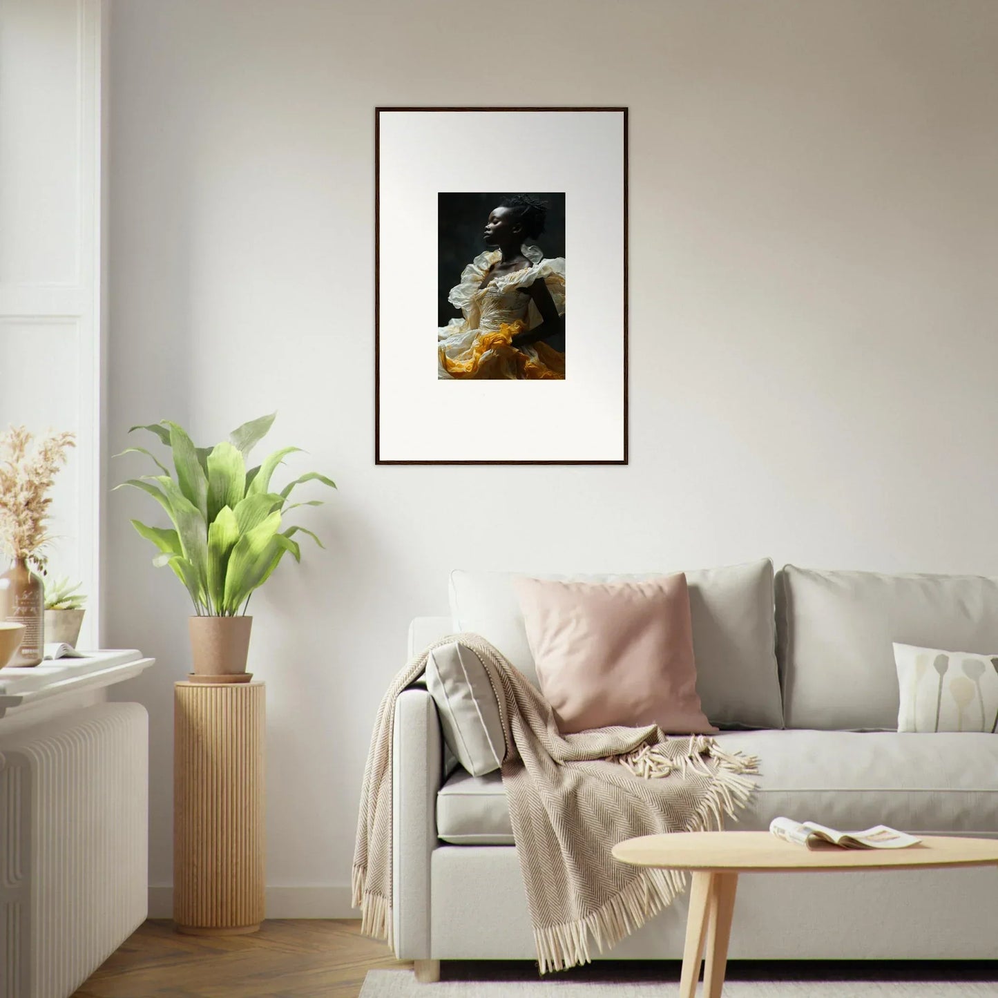 Framed wall art featuring a shadowy figure with a golden object in Eclipsed Fluttering