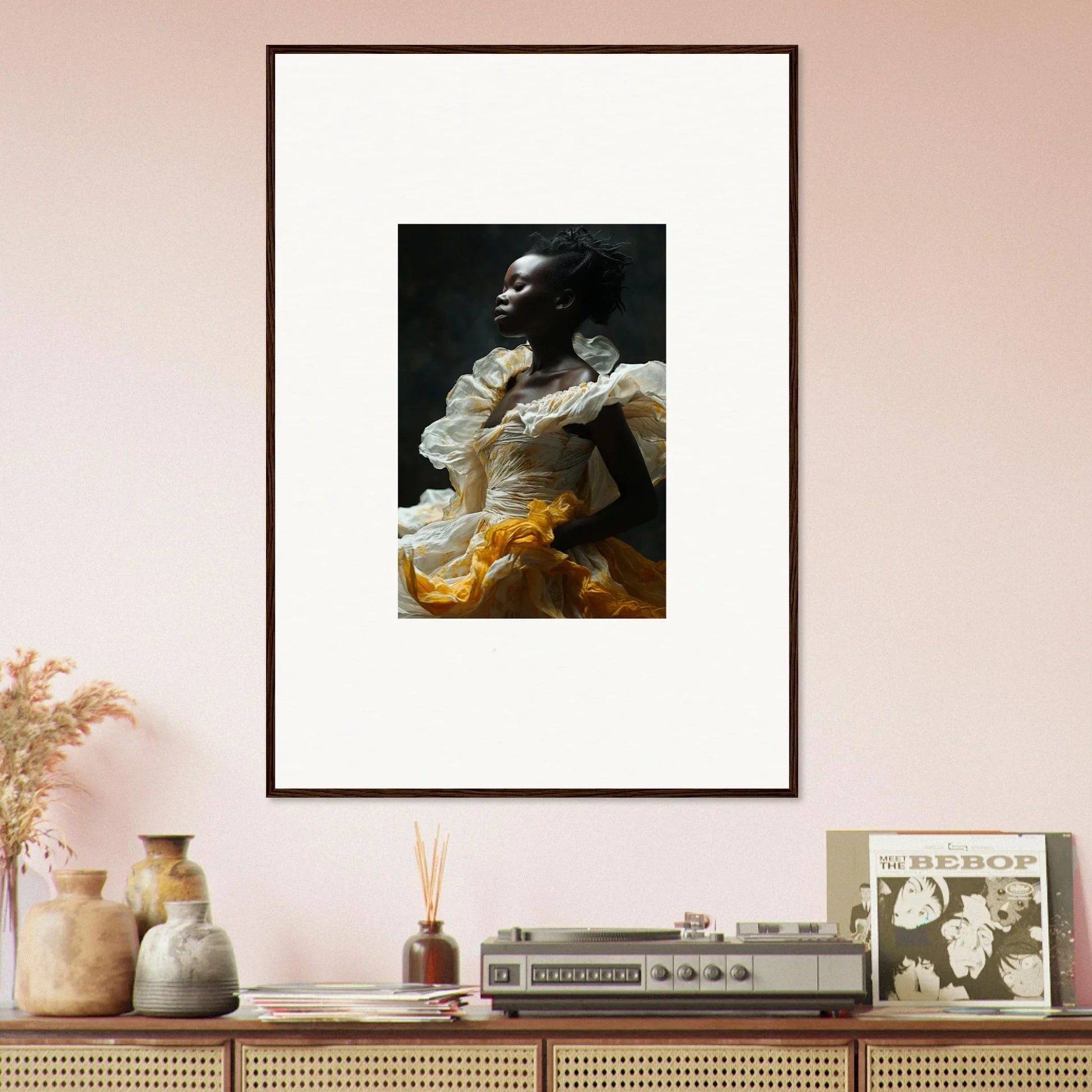 Framed wall art of a person in ruffled garment, Elegance Eclipsed Fluttering