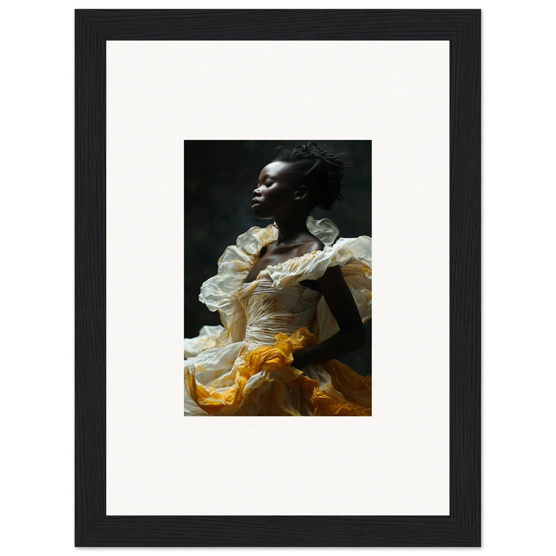 Framed wall art of a person in a white and yellow ruffled dress, Elegance Eclipsed Fluttering