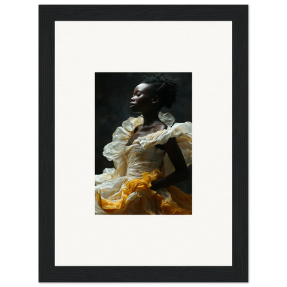 Framed wall art of a person in a white and yellow ruffled dress, Elegance Eclipsed Fluttering