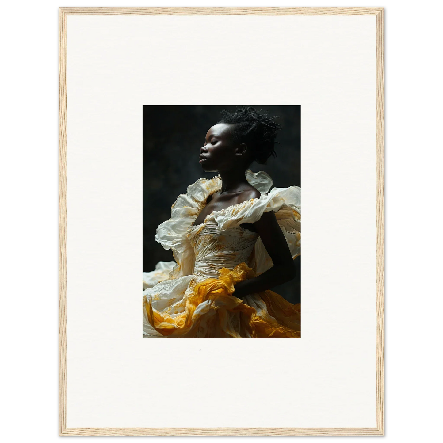 Framed wall art of a woman in a dramatic dress for elegant room decor showcasing Eclipsed Fluttering