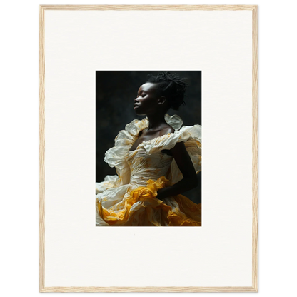 Framed wall art of a woman in a dramatic dress for elegant room decor showcasing Eclipsed Fluttering