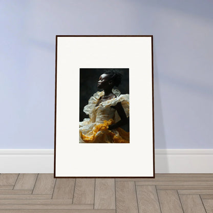 Framed wall art of a person in yellow garment from Elegance Eclipsed Fluttering