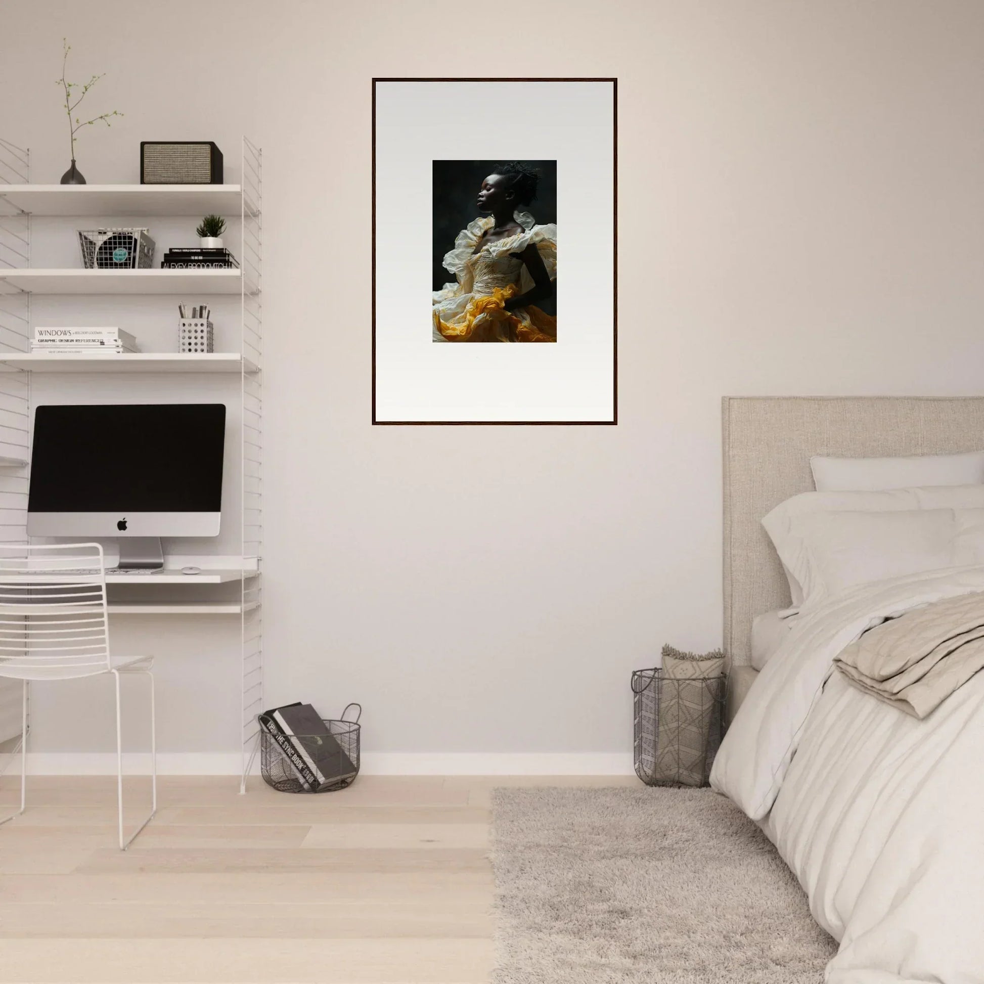 Framed black and white photograph of a person holding a guitar, perfect for room decor