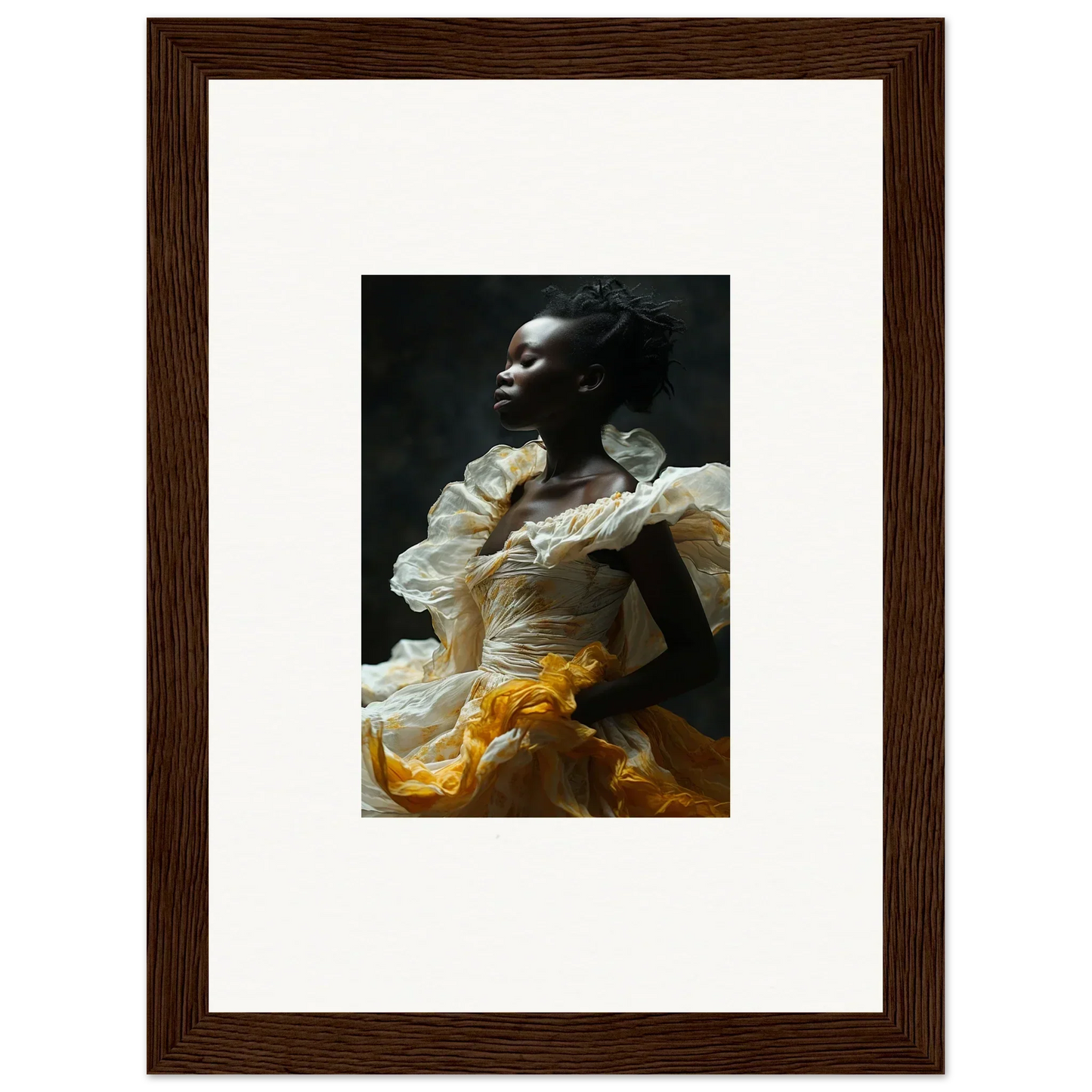 Framed wall art of a person in a white and yellow ruffled dress, Eclipsed Fluttering