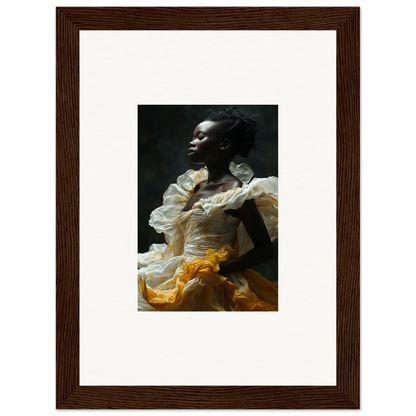 Framed wall art of a person in a white and yellow ruffled dress, Eclipsed Fluttering