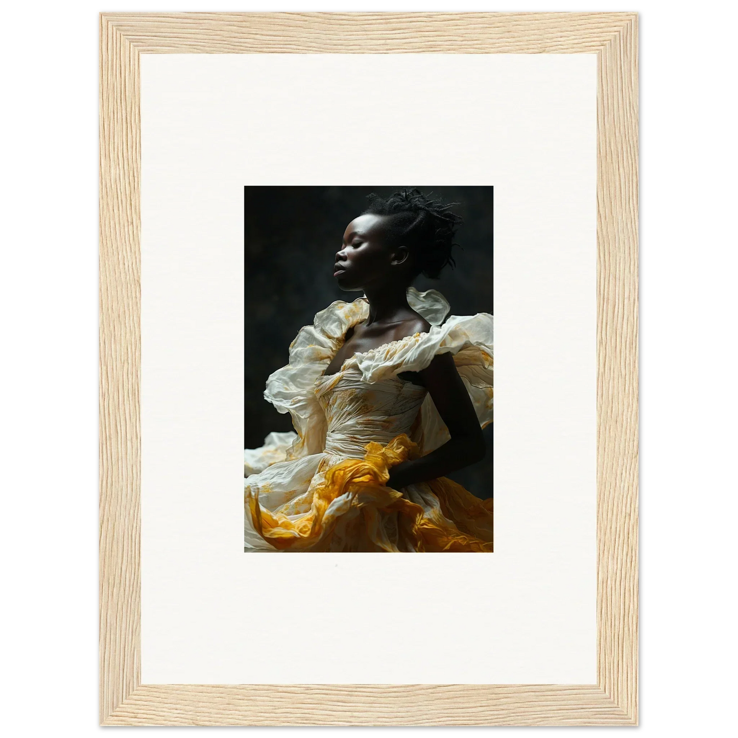 Framed wall art of a person in an Eclipsed Fluttering white and yellow garment