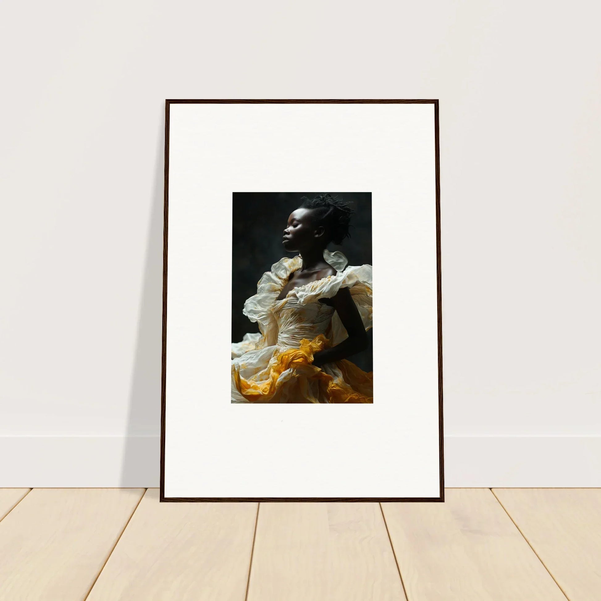 Framed wall art of a person in a white top and vibrant yellow bottom, Elegance Eclipsed Fluttering