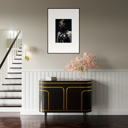 Elegant black and gold console table for stylish room decor with canvas prints