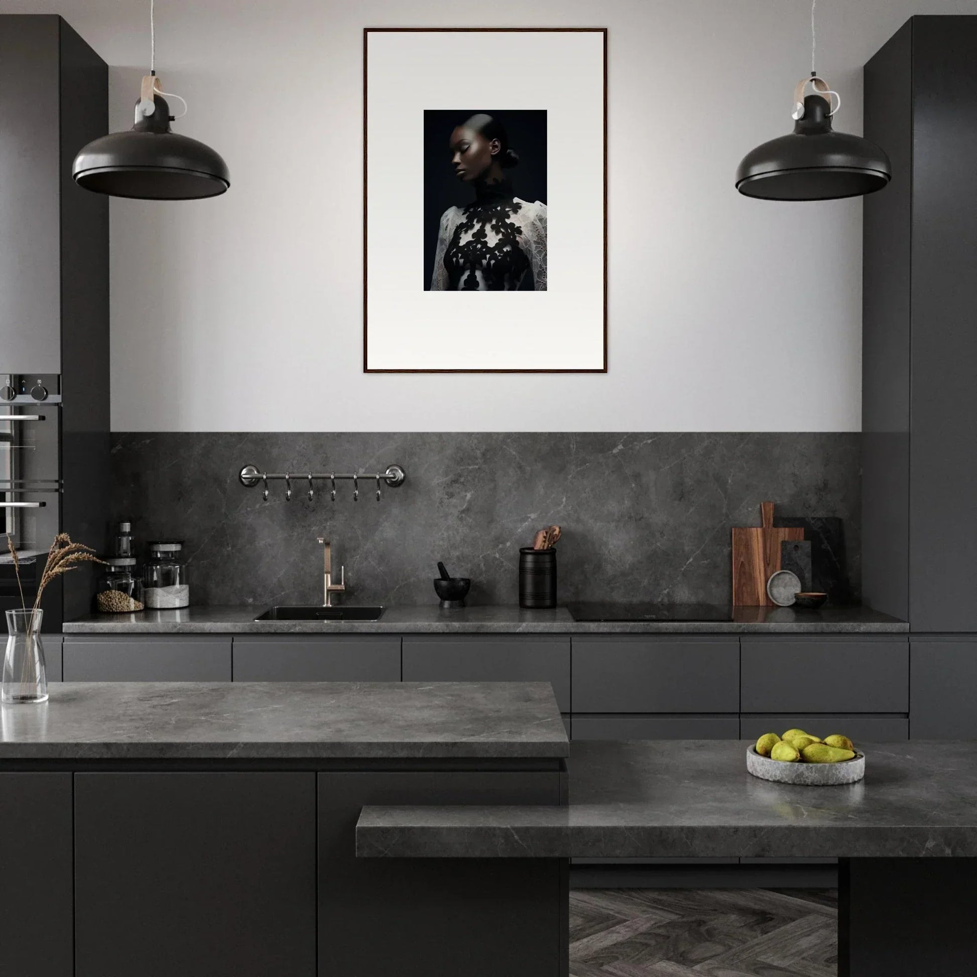 Modern dark-toned kitchen featuring framed wall art as striking focal point