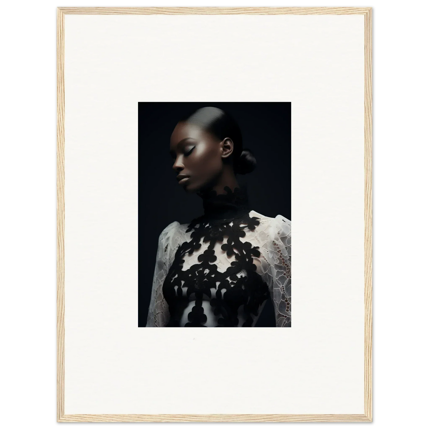 Portrait of a person in white top with floral embellishments for framed wall art